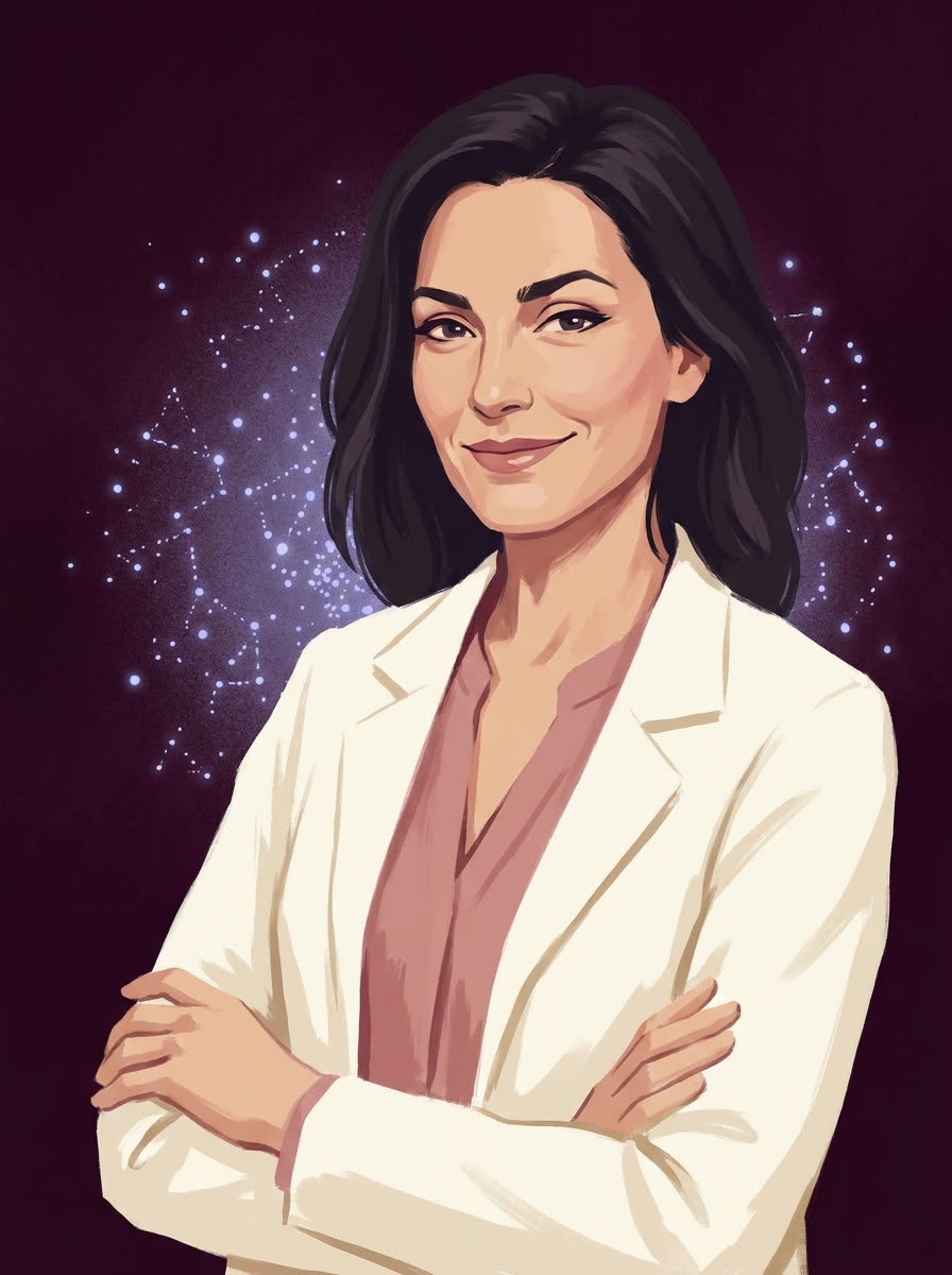 Stylized painterly illustration of Lauren: a warm, confident pharmacist in her forties, white coat over a blush blouse, arms crossed, with a soft constellation of light behind her